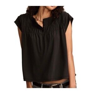 Lucky Brand Smocked Short-Sleeve Henley Top Jet Black Size L New With Tags